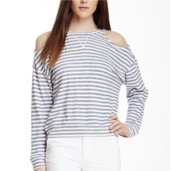 BCBGMAXAZRIA Eznei Pure Cotton Cold Shoulder Cutout Knit Gray Striped Blouse - Picture 1 of 9
